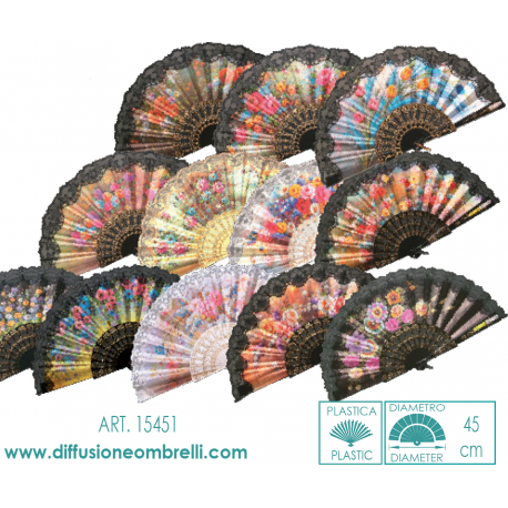 VENTAGLIO PLASTICA TESSUTO FIORI BORDO PIZZO ART. 15451