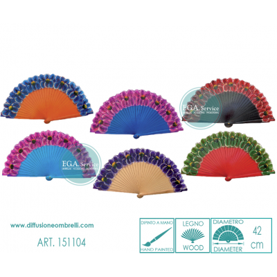 VENTAGLIO LEGNO DIPINTO A MANO, INTARSIO FIORI DIAM. 42 CM ART.151104