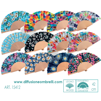 VENTAGLIO LEGNO E TESSUTO, STAMPE MARGHERITA, DIAM. 42 CM ART.15412