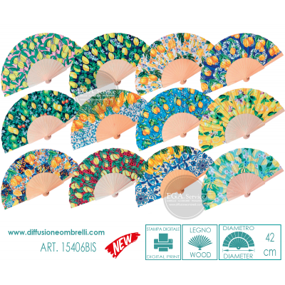 VENTAGLIO LEGNO E TESSUTO, STAMPE CON LIMONI, DIAM. 42 CM ART.15406 BIS