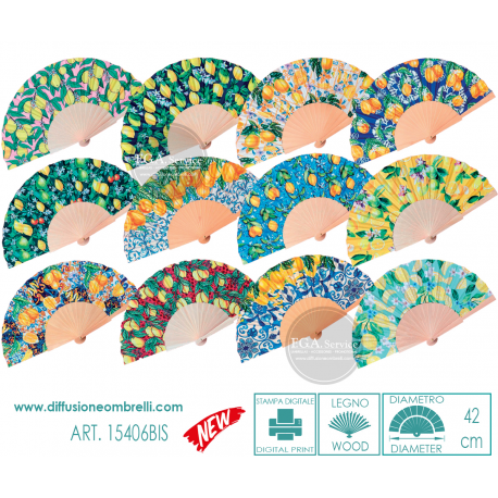 VENTAGLIO LEGNO E TESSUTO, STAMPE CON LIMONI, DIAM. 42 CM ART.15406 BIS