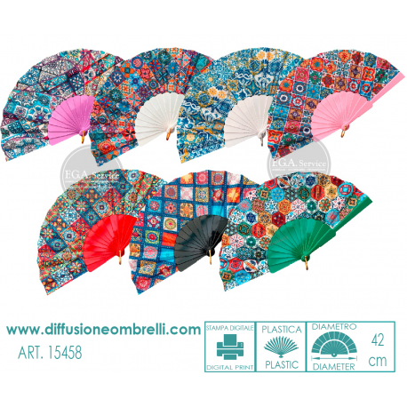 VENTAGLIO PLASTICA E TESSUTO MAIOLICHE, DIAM. 43 CM ART.15458