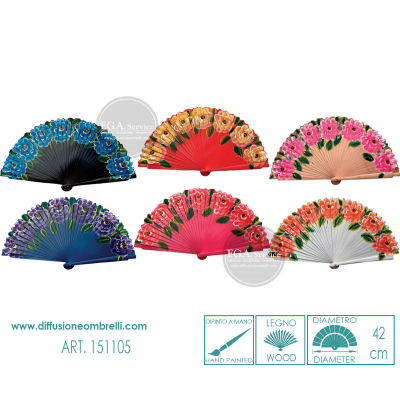 VENTAGLIO LEGNO DIPINTO A MANO, BIFACCIALE FIORI DIAM. 42 CM ART.151105