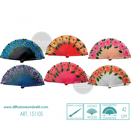 VENTAGLIO LEGNO DIPINTO A MANO, BIFACCIALE FIORI DIAM. 42 CM ART.151105