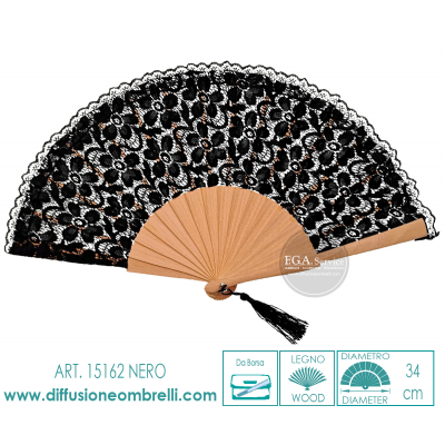 VENTAGLIO BORSETTA LEGNO E TESSUTO PIZZO NERO ART. 15162N