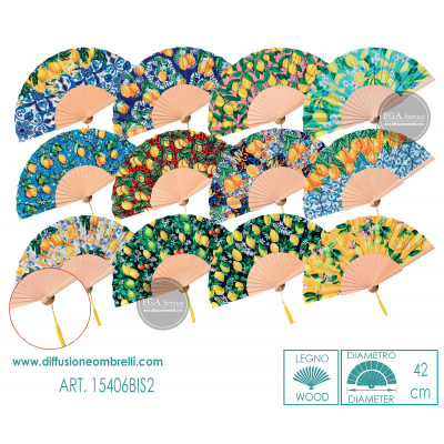 VENTAGLIO LEGNO E TESSUTO, STAMPE CON LIMONI, DIAM. 42 CM ART.15406 BIS-NEW