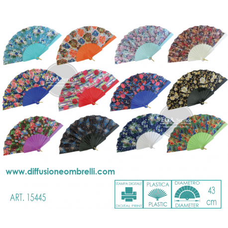 VENTAGLIO PLASTICA E TESSUTO, FIORI, DIAM. 43 CM ART.15445